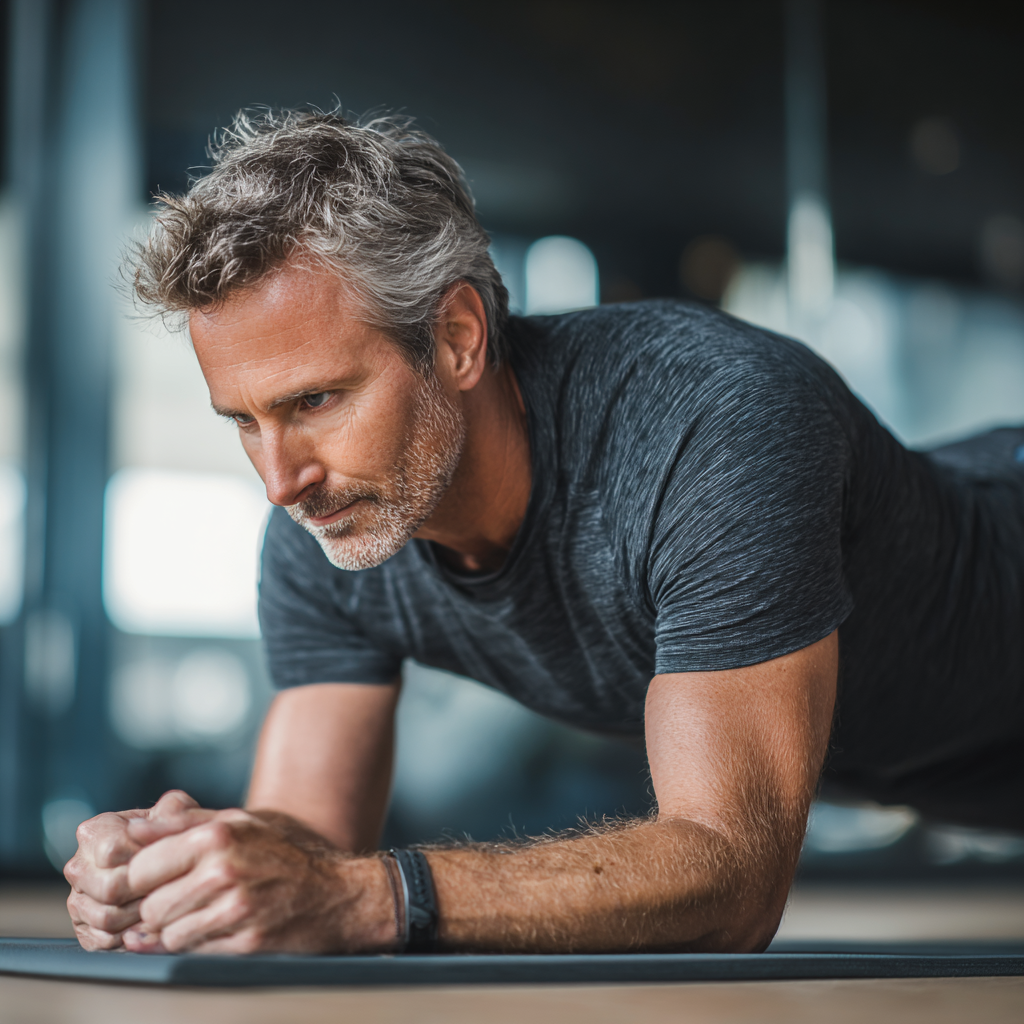 Mature man in his early 50s performing a plank exercise on a yoga mat in a modern fitness studio, demonstrating proper form and concentration during his workout routine